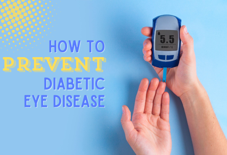 image with words 'How to prevent diabetic eye disease' with an imagine of hands doing a glucose finger prick