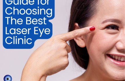 Blog post cover image that says 'Guide for choosing the best Laser Eye Clinic' with an image of a woman pointing to her eye