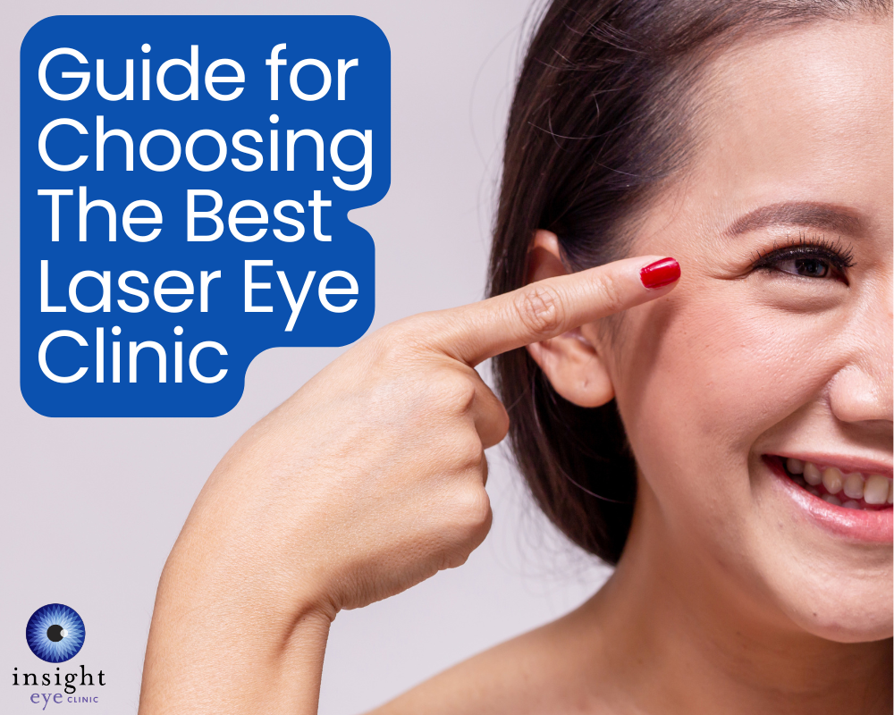 Blog post cover image that says 'Guide for choosing the best Laser Eye Clinic' with an image of a woman pointing to her eye