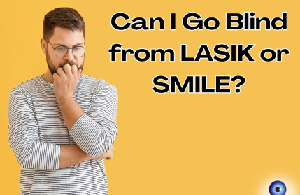 Blog post image of a man wearing glasses. He looks concerned. The title is 'Can I go Blind from LASIK or SMILE?'