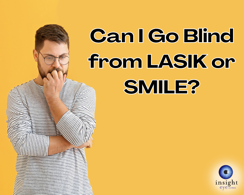 Blog post image of a man wearing glasses. He looks concerned. The title is 'Can I go Blind from LASIK or SMILE?'