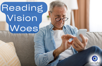 Blog post image of a man struggling to see his phone. Says 'Reading Vision Woes'