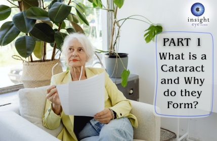 Image of an elderly woman with paper in her hand. Blog post title is ' What is a cataract and why do they form. Part 1'