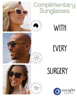 image of people wearing various types of sunglasses with text 'complimentary sunglasses with every surgery'