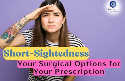 Image of a woman squinting to see. Text says 'Short-sightedness: Your surgical Options for Your Prescription'