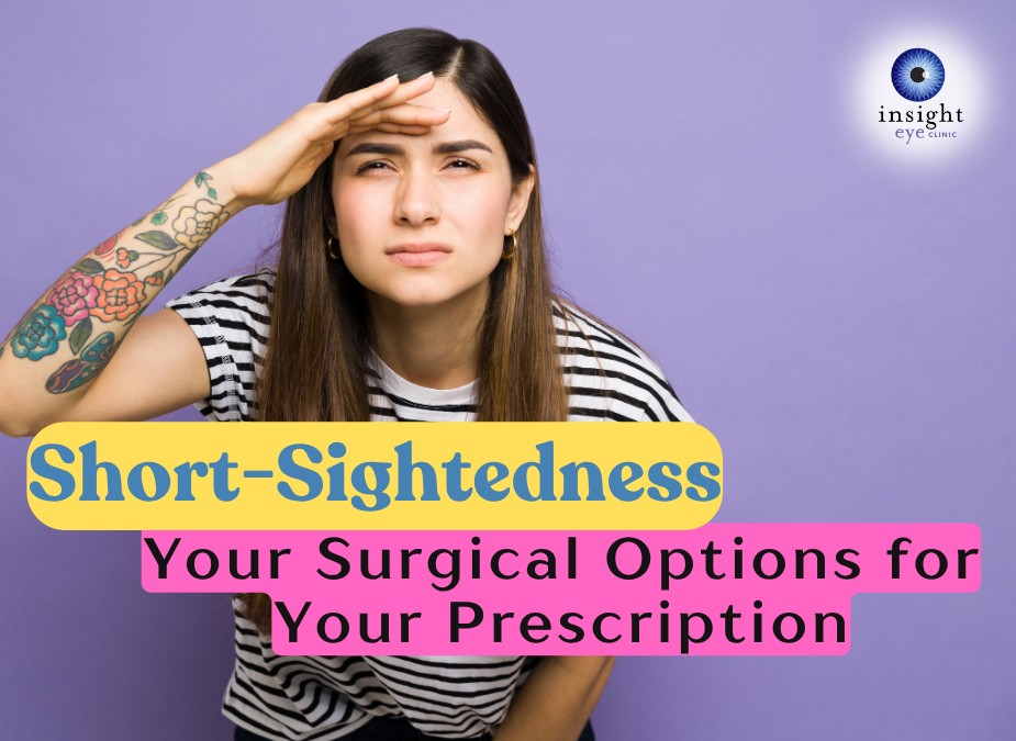 Image of a woman squinting to see. Text says 'Short-sightedness: Your surgical Options for Your Prescription'